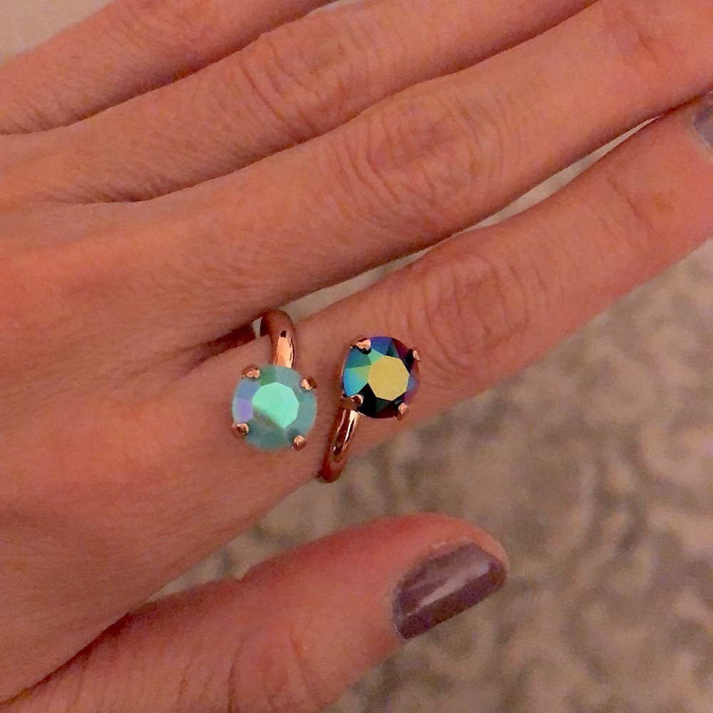 Iridescent Turquoise + Peacock Fuchsia Teal Rose Gold Crystal Ring - Picture 12 of 15